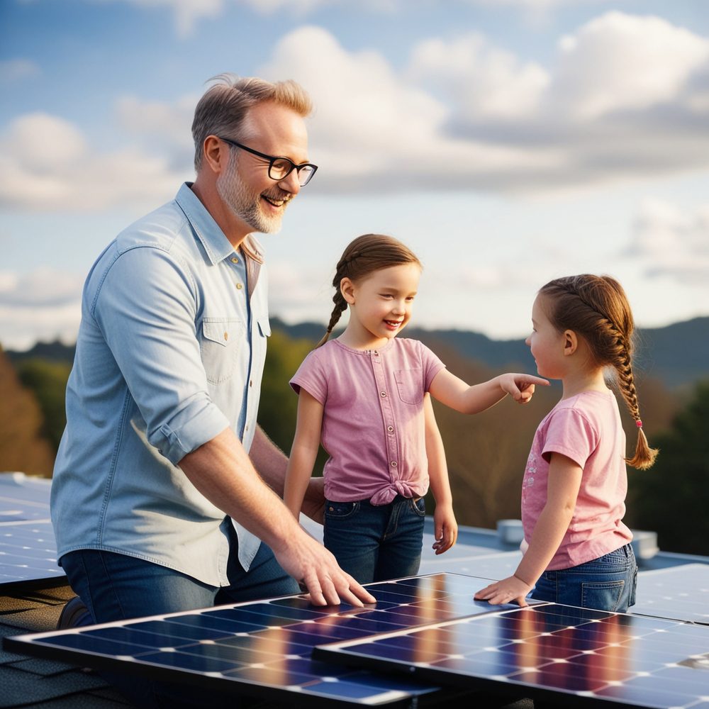 Une famille utilise l’électricité stockée pendant la soirée pour alimenter l’éclairage et les appareils de la maison.