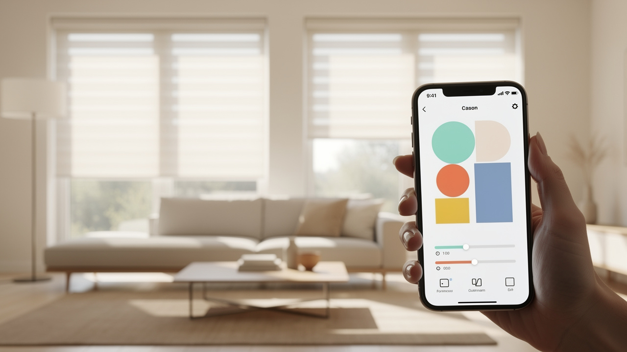 Salon lumineux et sobre en été, avec des volets roulants connectés partiellement abaissés et un smartphone affichant une interface abstraite de domotique.