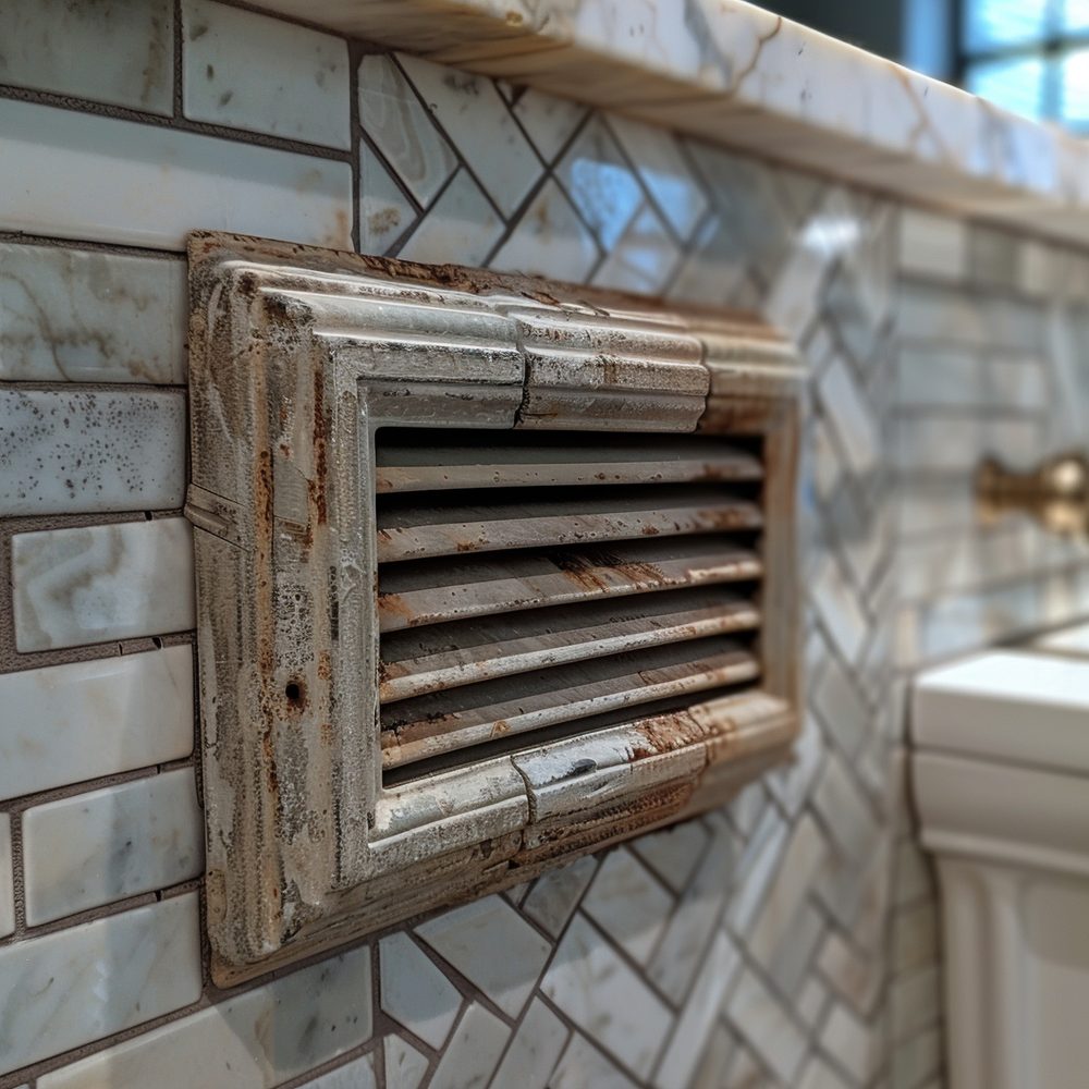 Grille d’aération installée près d’un radiateur dans un appartement ancien.