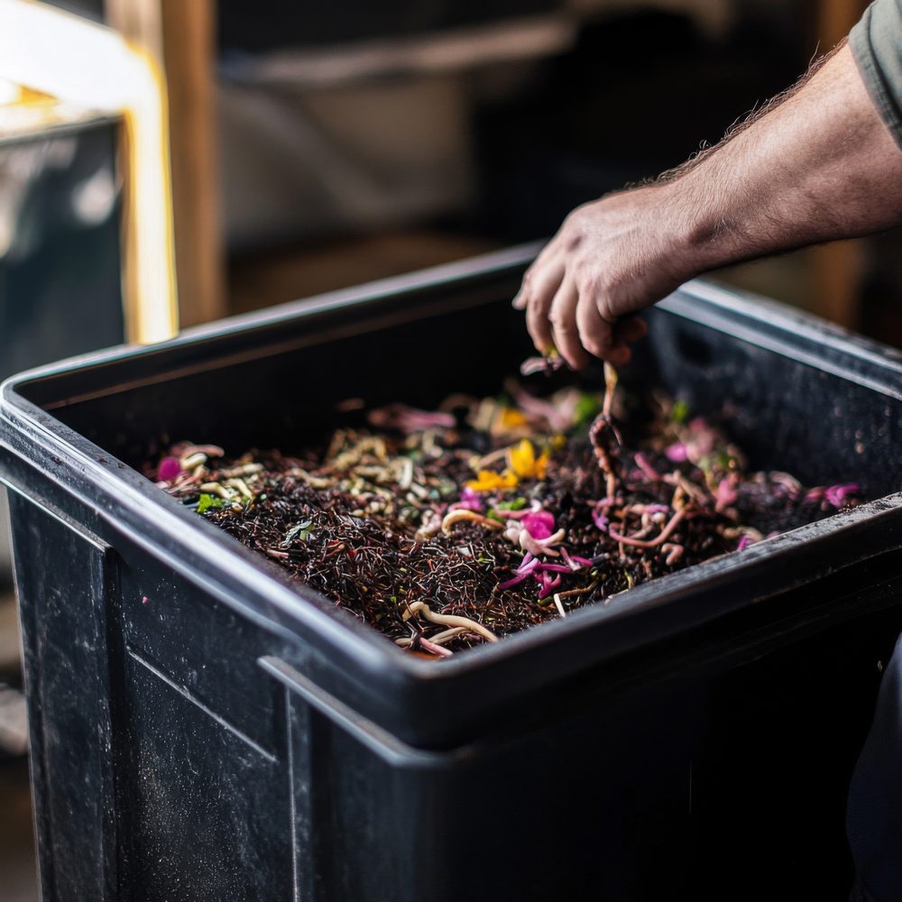Bac à vers de compost posé sur un plan de travail de cuisine, près de restes de fruits et légumes.