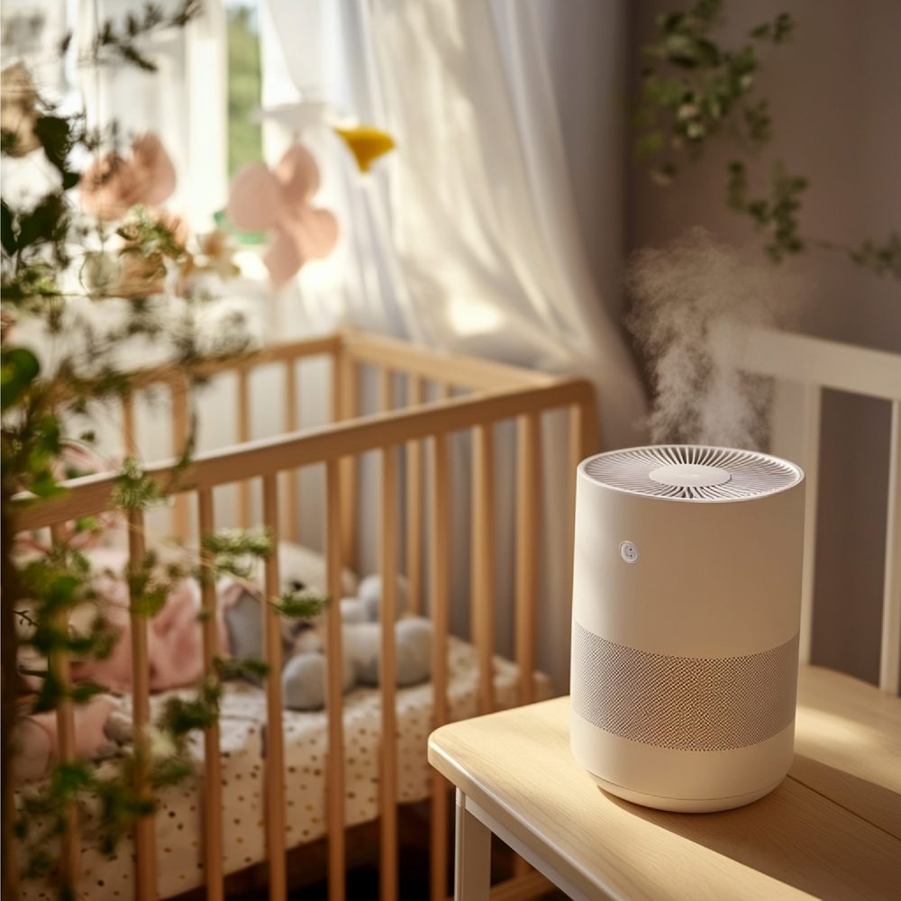 Chambre de bébé fraîchement rénovée avec un purificateur d’air près du lit.
