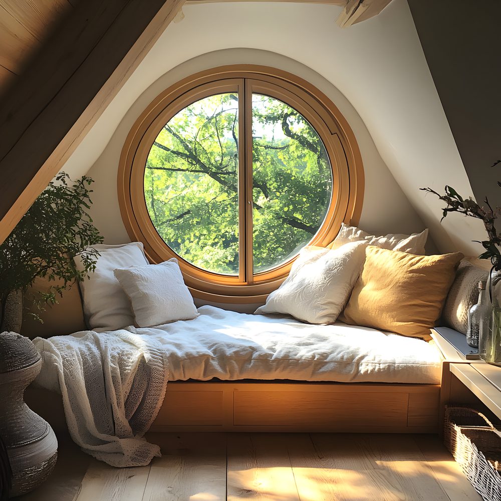 Intérieur d’un appartement mansardé rafraîchi naturellement grâce à des fenêtres ouvertes et des volets entrouverts.